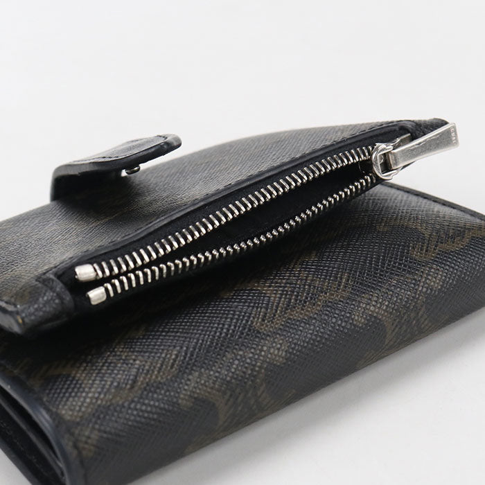 CELINE トリオンフキャンバス レザー 三つ折り財布 コンパクトウォレット - ブラック