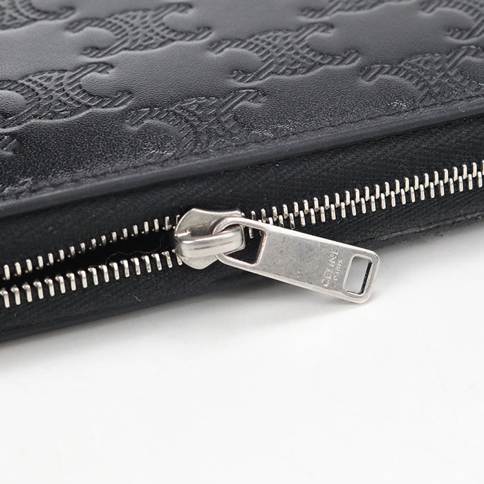 CELINE トリオンフエンボス ラウンドファスナー カーフスキン 長財布 ロングウォレット - ブラック