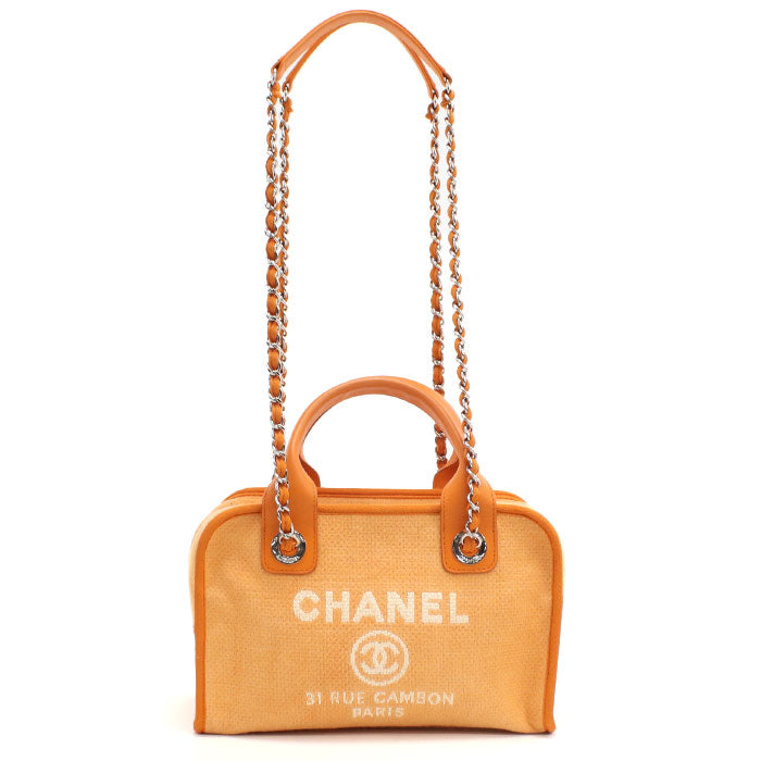 CHANEL Deauville Bowling Bag Canvas Handbag with Chain Shoulder Bag - Orange