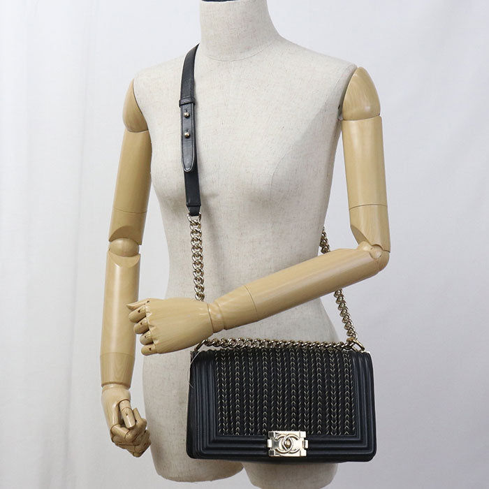 CHANEL Boy Chanel Lambskin Chain Shoulder Bag - Black