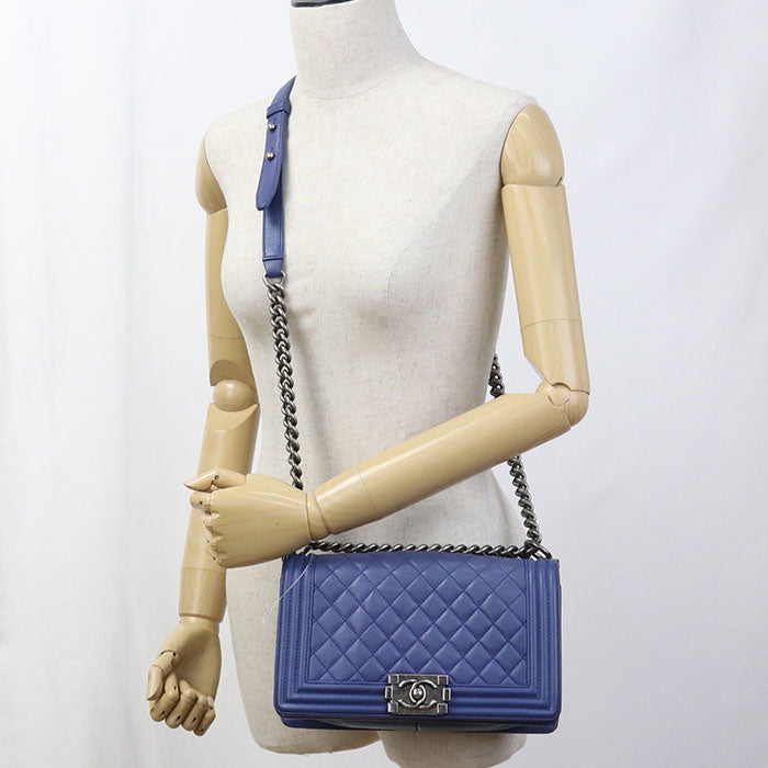 CHANEL Boy Chanel Medium Lambskin Chain Shoulder Bag - Blue