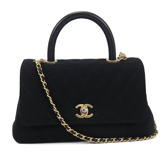 CHANEL Chevron Cotton Handbag with Chain Shoulder Bag - Black