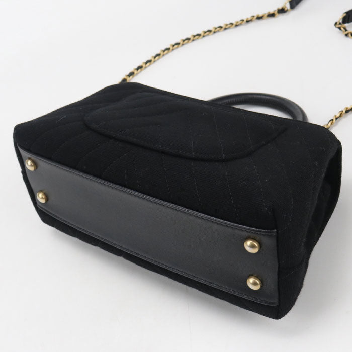CHANEL Chevron Cotton Handbag with Chain Shoulder Bag - Black
