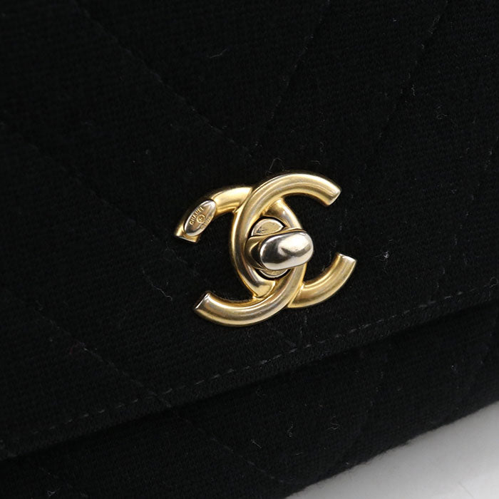 CHANEL Chevron Cotton Handbag with Chain Shoulder Bag - Black