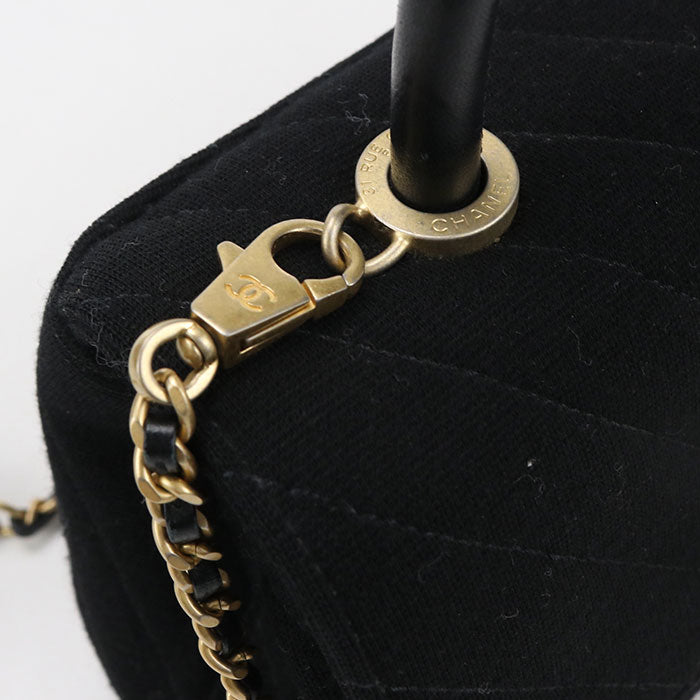 CHANEL Chevron Cotton Handbag with Chain Shoulder Bag - Black