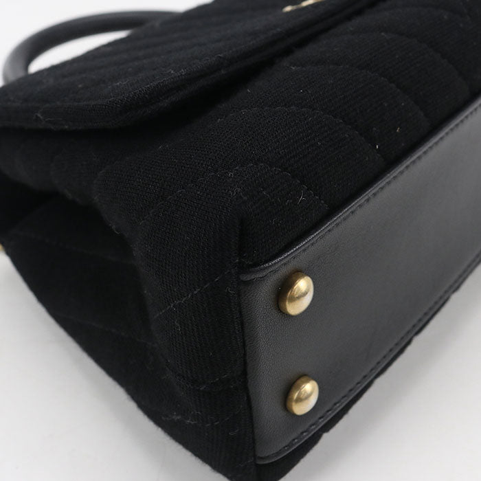CHANEL Chevron Cotton Handbag with Chain Shoulder Bag - Black