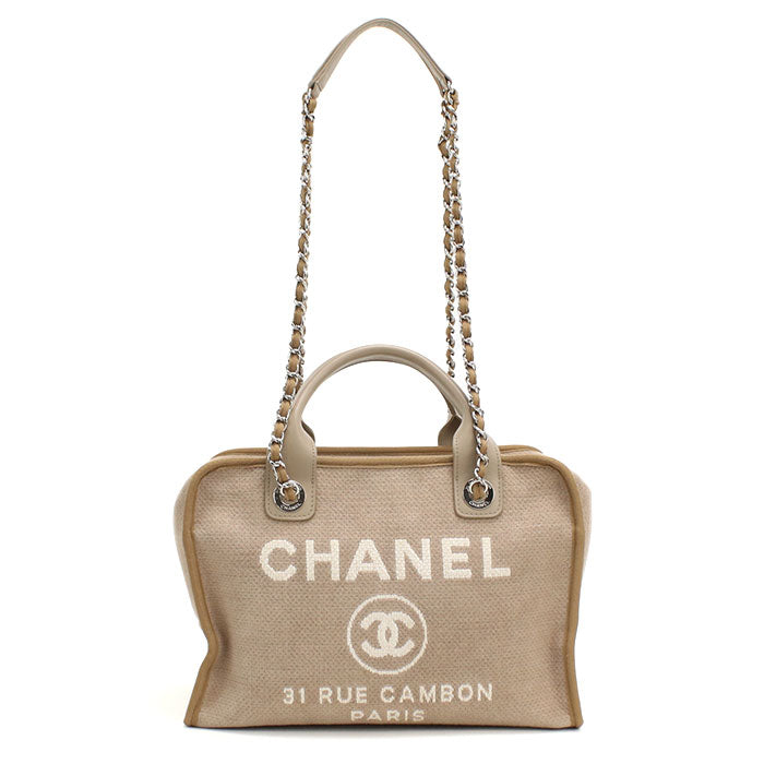 CHANEL Deauville Bowling Bag Canvas Handbag with Chain Shoulder Bag - Beige