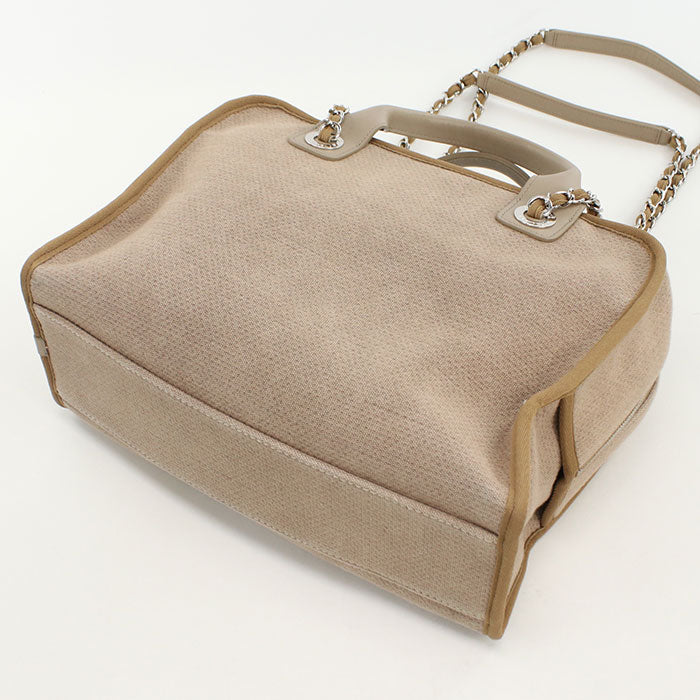 CHANEL Deauville Bowling Bag Canvas Handbag with Chain Shoulder Bag - Beige