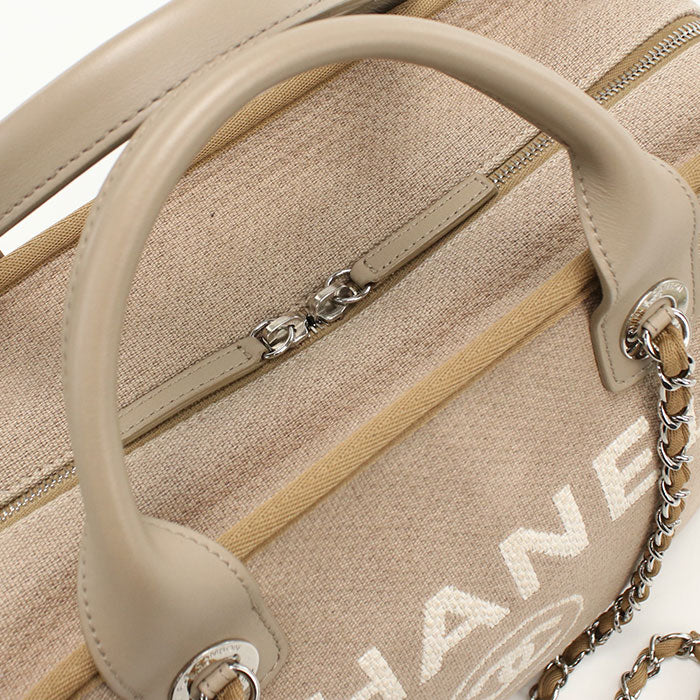CHANEL Deauville Bowling Bag Canvas Handbag with Chain Shoulder Bag - Beige