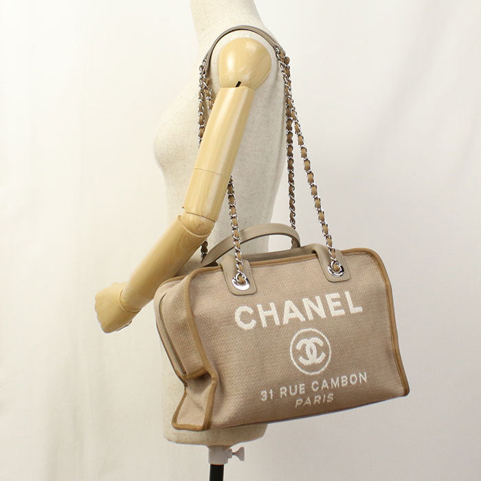 CHANEL Deauville Bowling Bag Canvas Handbag with Chain Shoulder Bag - Beige