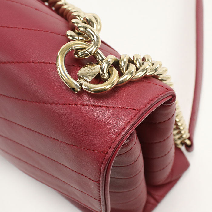 CHANEL Chevron V-Stitch Coco Mark Leather Chain Shoulder Bag - Red