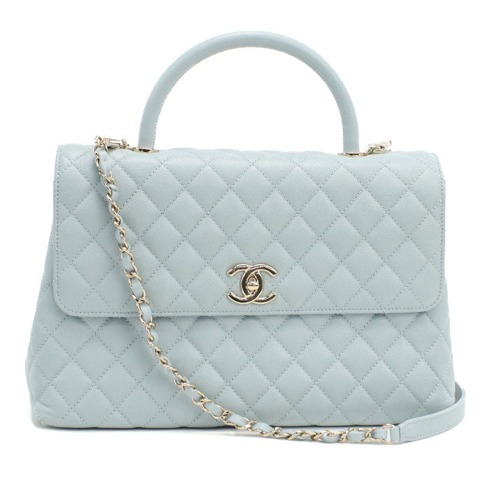 CHANEL Coco Handle 29 Matelasse Top Handle Caviar Leather Handbag with Chain Shoulder Bag - Blue