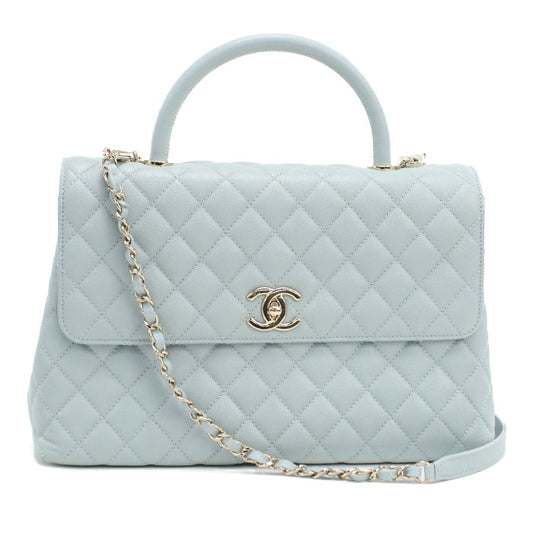 CHANEL Coco Handle 29 Matelasse Top Handle Caviar Leather Handbag with Chain Shoulder Bag - Blue