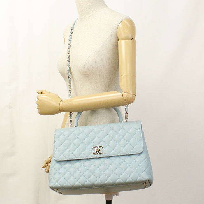 CHANEL Coco Handle 29 Matelasse Top Handle Caviar Leather Handbag with Chain Shoulder Bag - Blue