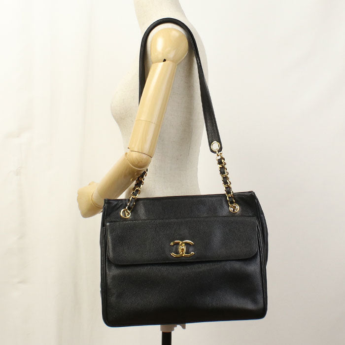 CHANEL Coco Mark Caviar Leather Chain Shoulder Bag - Black