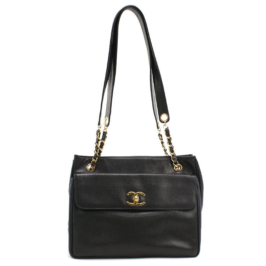 CHANEL Coco Mark Caviar Leather Chain Shoulder Bag - Black