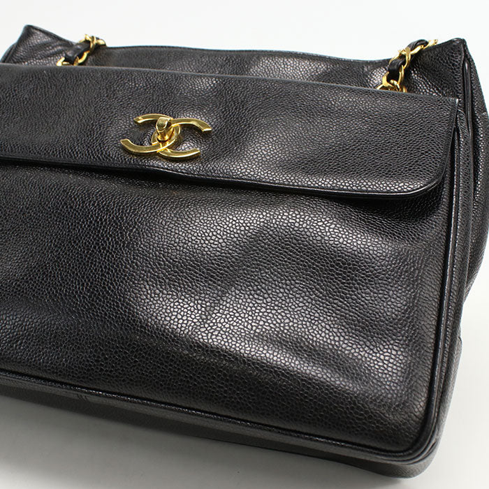 CHANEL Coco Mark Caviar Leather Chain Shoulder Bag - Black