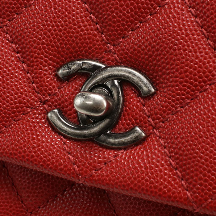 CHANEL Matelasse Coco Handle Caviar Leather Handbag with Chain Shoulder Bag - Red