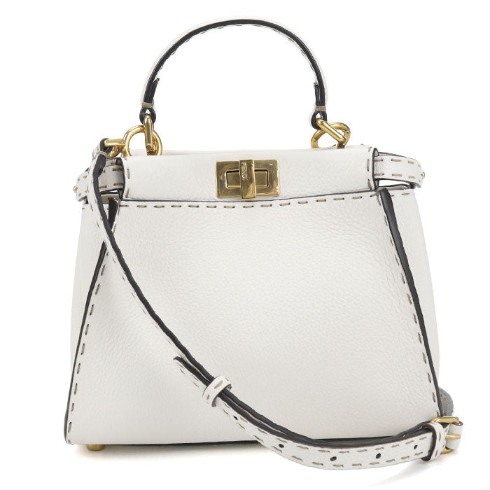 FENDI Peekaboo Mini Selleria Calfskin Handbag/Shoulder Bag - White