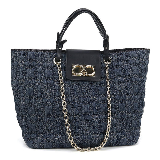 FERRAGAMO Gancini Denim Tote Bag/Shoulder Bag - Navy