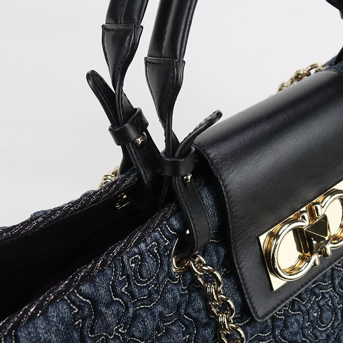 FERRAGAMO ガンチーニ デニム トートバッグ ショルダーバッグ - ネイビー