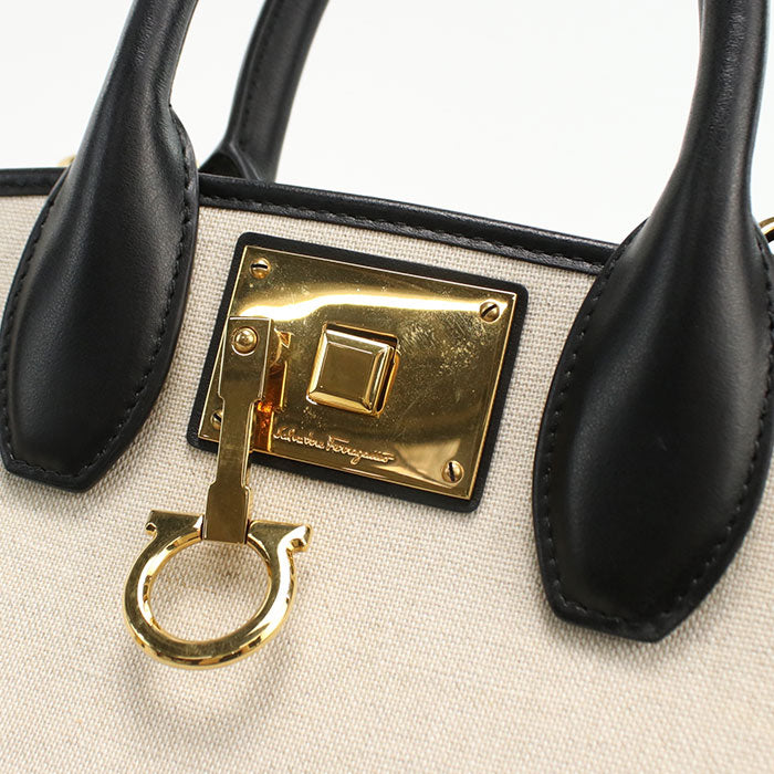 FERRAGAMO Gancini Canvas Tote Bag/Shoulder Bag - White