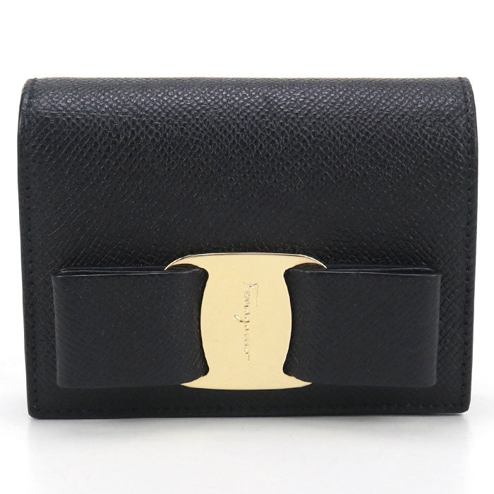FERRAGAMO Vara Calfskin Bi-fold Compact Wallet - Black
