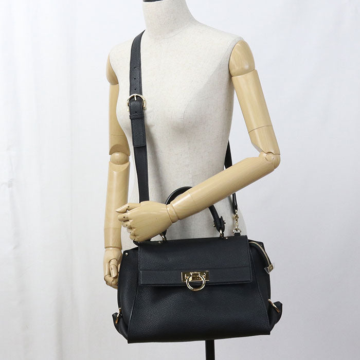 FERRAGAMO Gancini Calfskin Handbag/Shoulder Bag - Black