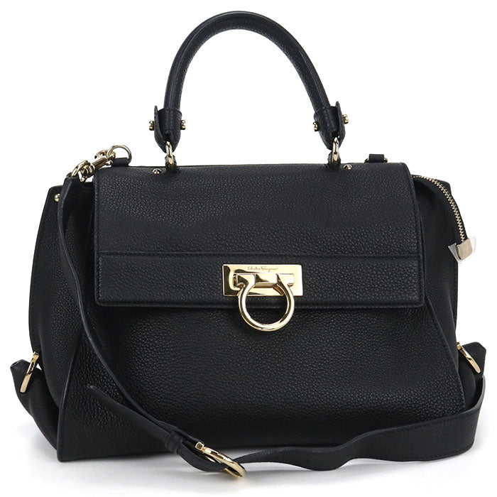 FERRAGAMO Gancini Calfskin Handbag/Shoulder Bag - Black