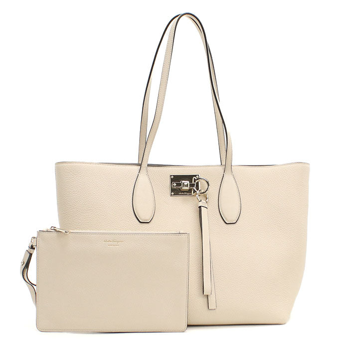 FERRAGAMO Gancini 21 Calfskin Tote Bag - White
