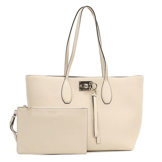 FERRAGAMO Gancini 21 Calfskin Tote Bag - White