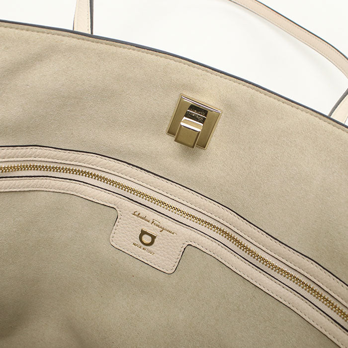 FERRAGAMO Gancini 21 Calfskin Tote Bag - White