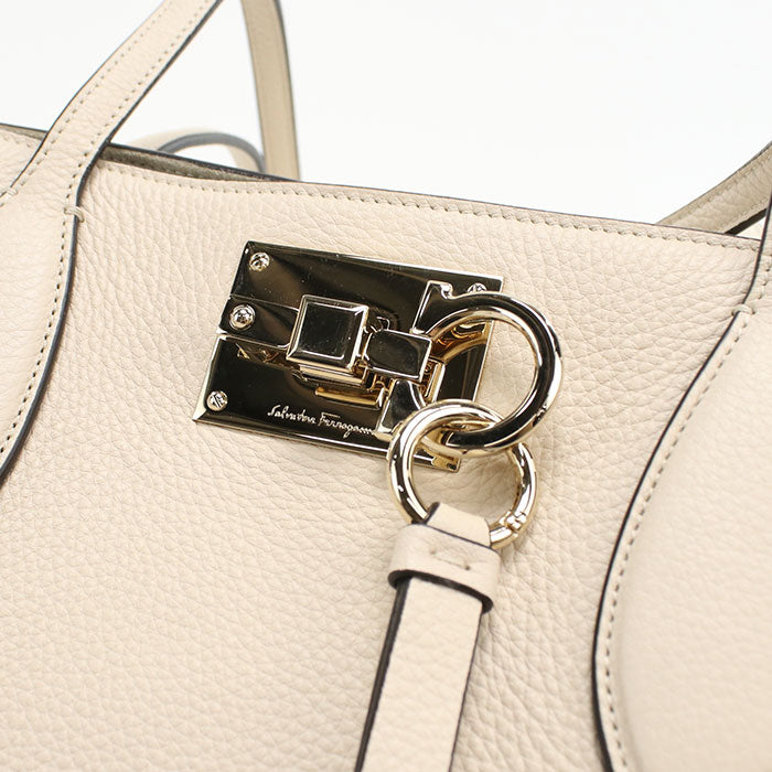 FERRAGAMO Gancini 21 Calfskin Tote Bag - White