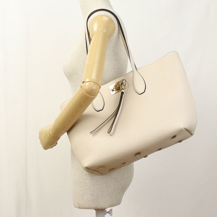 FERRAGAMO Gancini 21 Calfskin Tote Bag - White