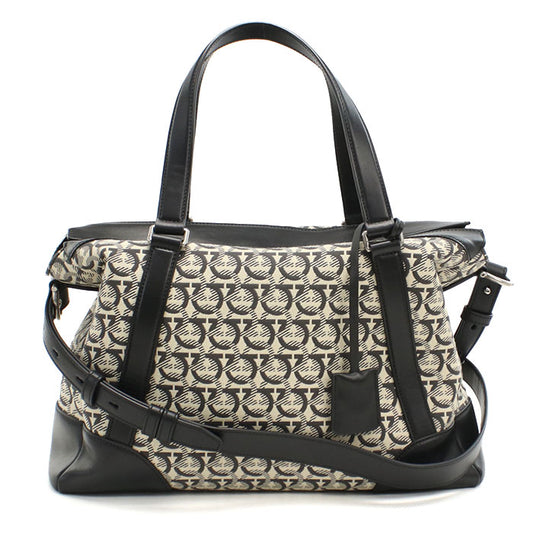FERRAGAMO Gancini Jacquard Boston Bag, Tote Bag, Shoulder Bag - Black