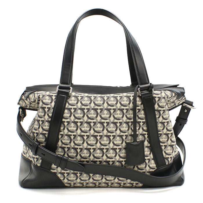 FERRAGAMO Gancini Jacquard Boston Bag, Tote Bag, Shoulder Bag - Black