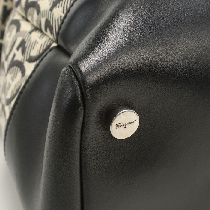 FERRAGAMO Gancini Jacquard Boston Bag, Tote Bag, Shoulder Bag - Black