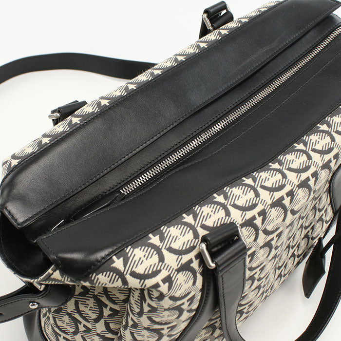 FERRAGAMO Gancini Jacquard Boston Bag, Tote Bag, Shoulder Bag - Black