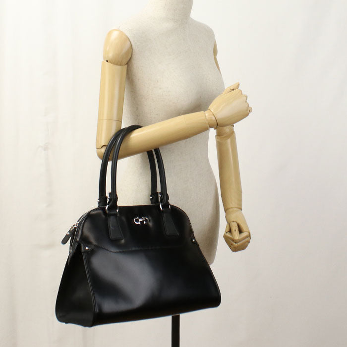 FERRAGAMO Gancini Calf Leather Handbag - Black