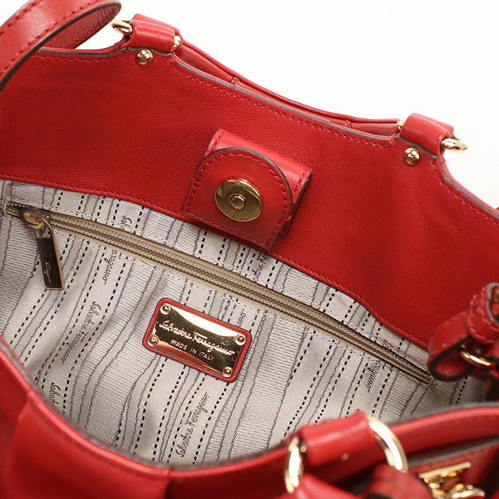 FERRAGAMO Gancini Calf Leather Handbag/Shoulder Bag - Red