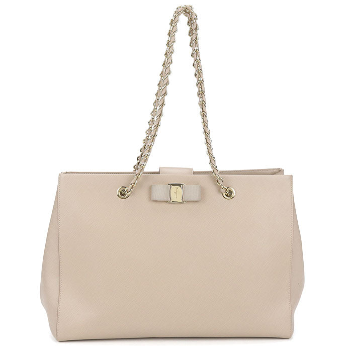 FERRAGAMO Vara Ribbon Calfskin Chain Tote Bag - Beige