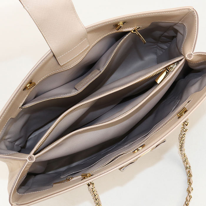 FERRAGAMO Vara Ribbon Calfskin Chain Tote Bag - Beige