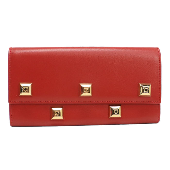 Ferragamo Gancini Studded Calf Leather Bi-fold Long Wallet - Red