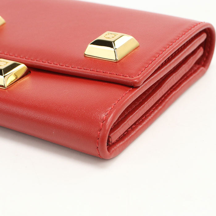 Ferragamo Gancini Studded Calf Leather Bi-fold Long Wallet - Red
