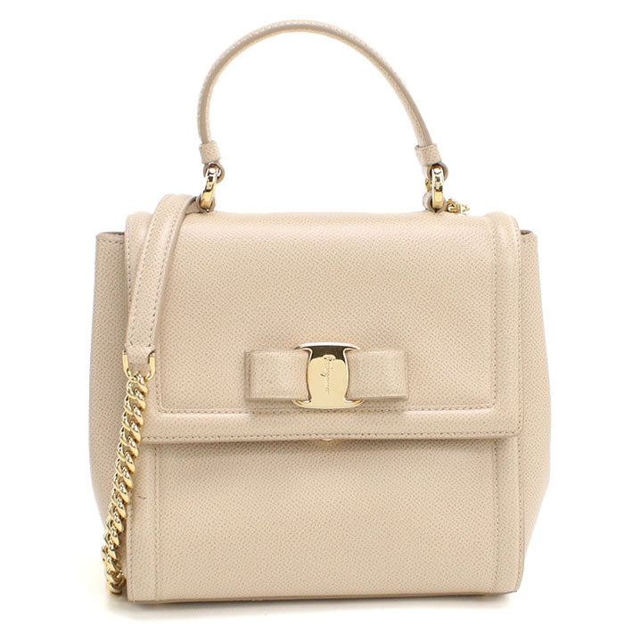 Ferragamo Vara Ribbon Calf Leather Top Handle Handbag Shoulder Bag - Beige