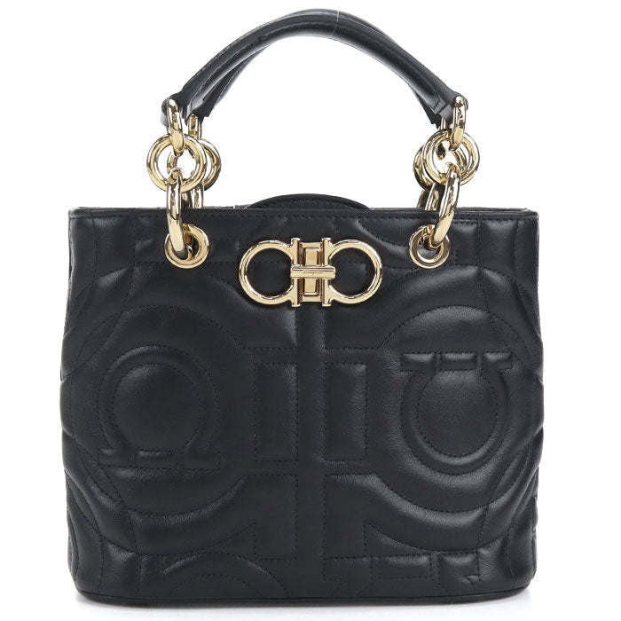 Ferragamo Gancini Matelassé Calf Leather Top Handle Handbag - Black