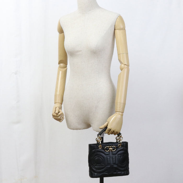Ferragamo Gancini Matelassé Calf Leather Top Handle Handbag - Black