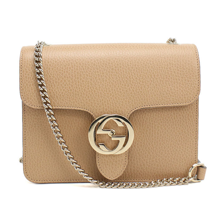 GUCCI Interlocking G Leather Chain Shoulder Bag - Beige