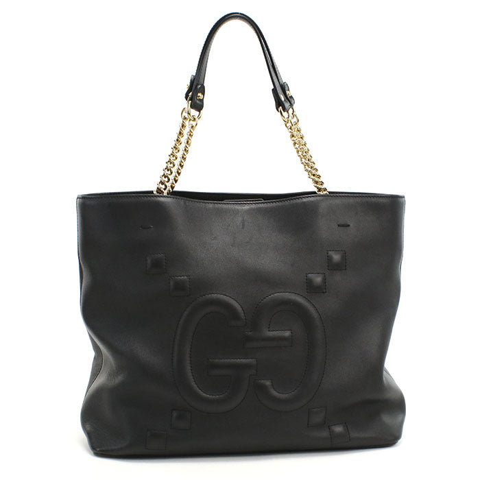 GUCCI GGエンボス カーフレザー チェーン トートバッグ - ブラック