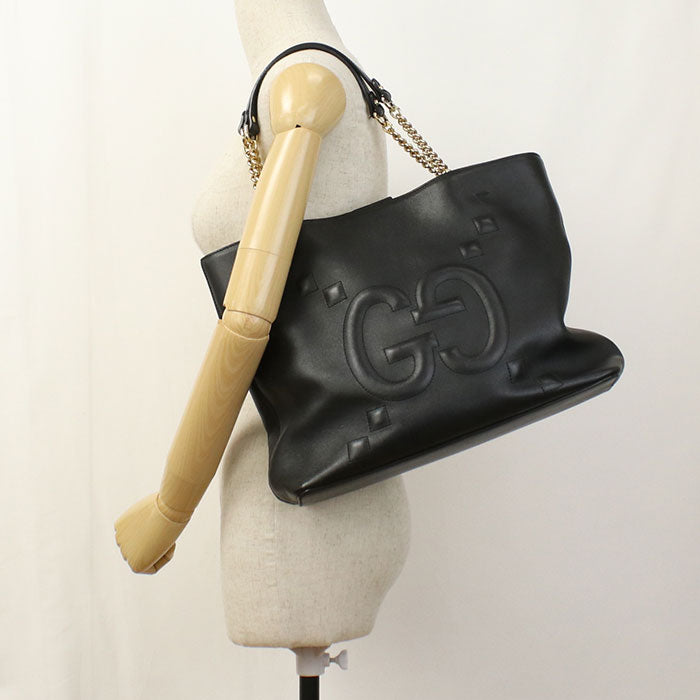 GUCCI GGエンボス カーフレザー チェーン トートバッグ - ブラック